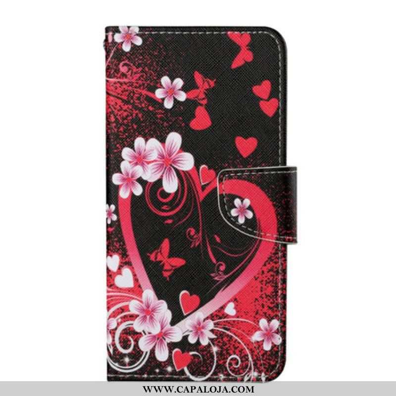 Capa Flip Para iPhone 13 Pro Flores E Corações Com Cordão