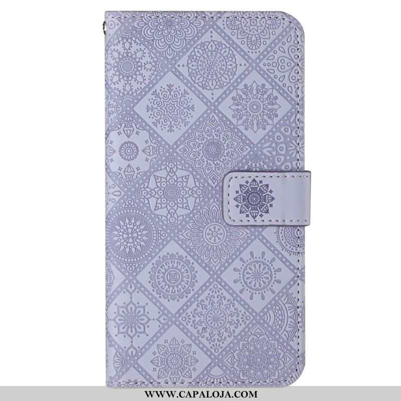 Capa Flip Para iPhone 14 De Cordão Padrão De Tapeçaria De Alça