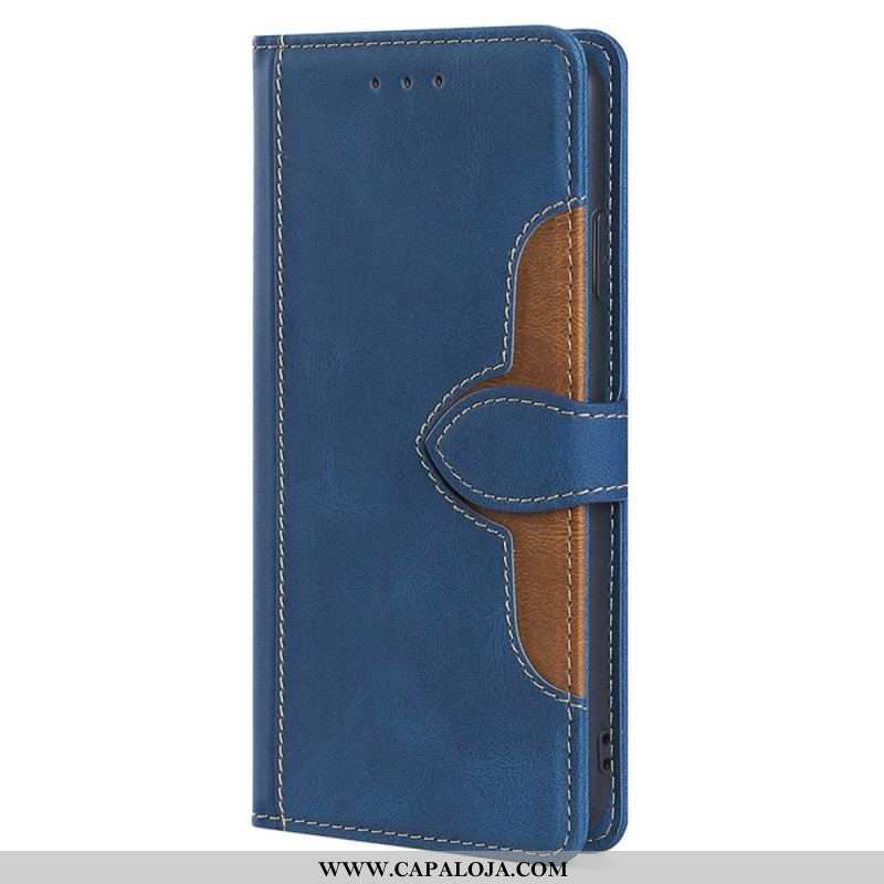 Capa Flip Para iPhone 14 Plus Couro Sintético Bicolor Estiloso