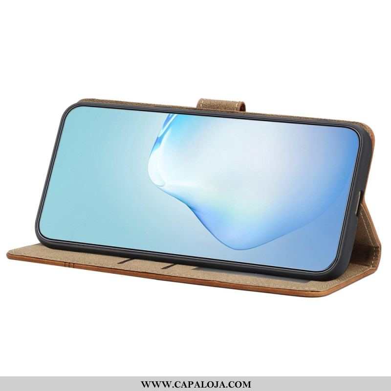 Capa Flip Para iPhone 14 Plus De Cordão Alça Com Costura Geométrica Efeito Couro