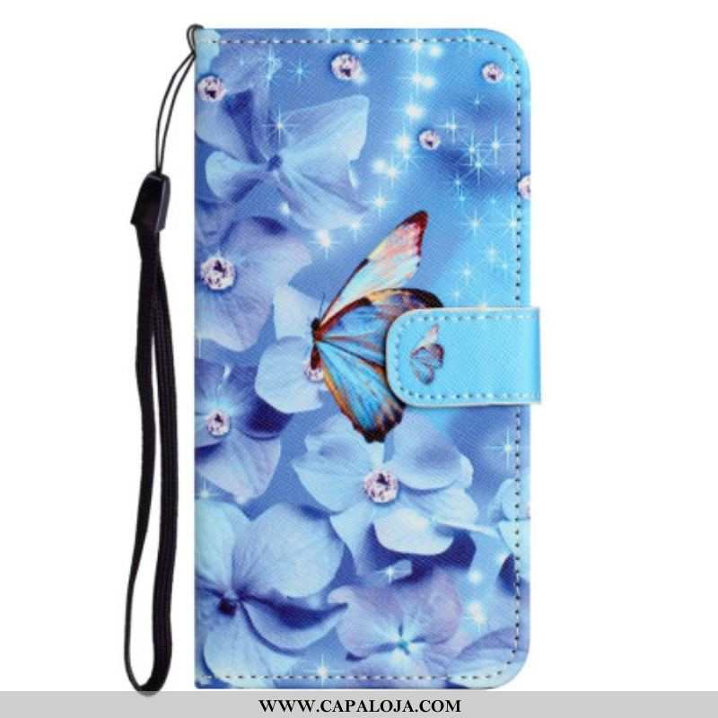 Capa Flip Para iPhone 14 Plus De Cordão Borboletas Strappy Diamond