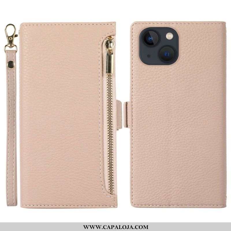 Capa Flip Para iPhone 14 Plus De Cordão Couro Lichia Com Alça E Zíper