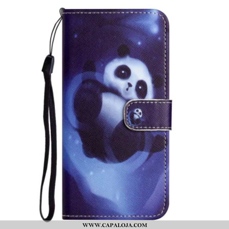 Capa Flip Para iPhone 14 Plus De Cordão Panda No Espaço Com Cordão