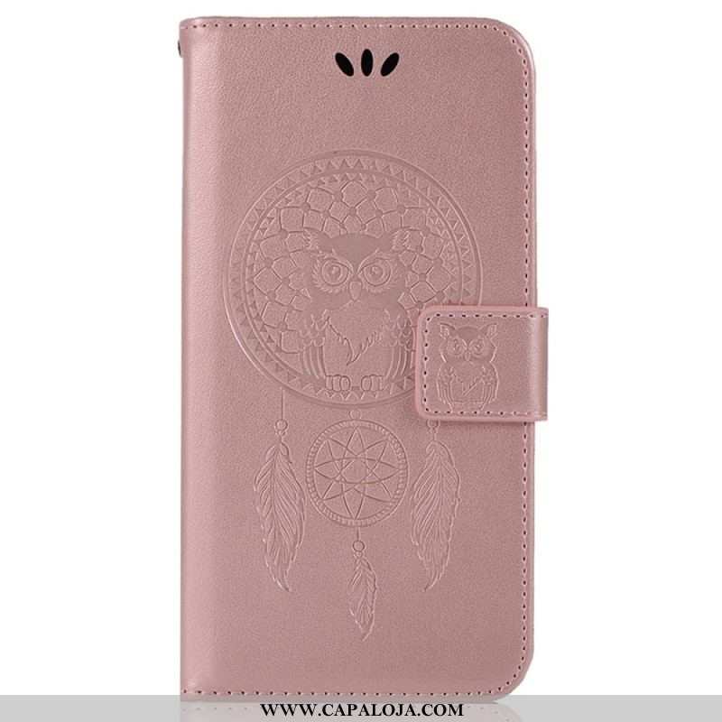 Capa Flip Para iPhone 14 Pro Max De Cordão Apanhador De Sonhos Coruja Com Alça