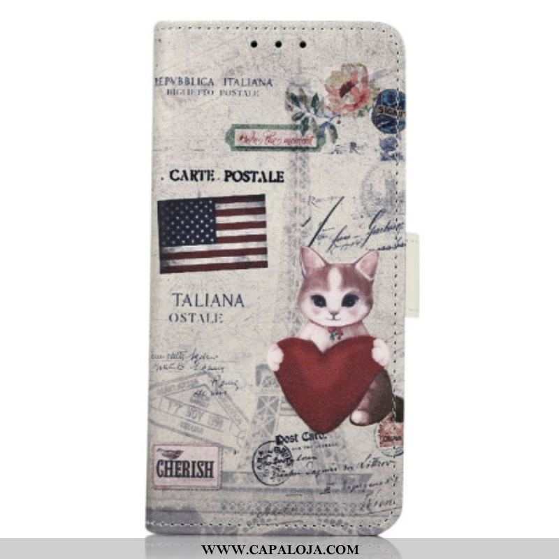 Capa Flip Para iPhone 14 Pro Max Gato Viajante