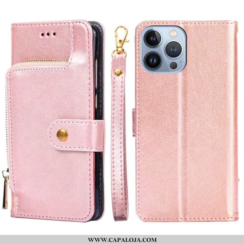 Capa Flip Para iPhone 14 Pro Porta-moedas Com Zíper