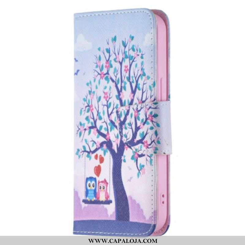 Capa Flip Para iPhone 15 Corujas No Balanço