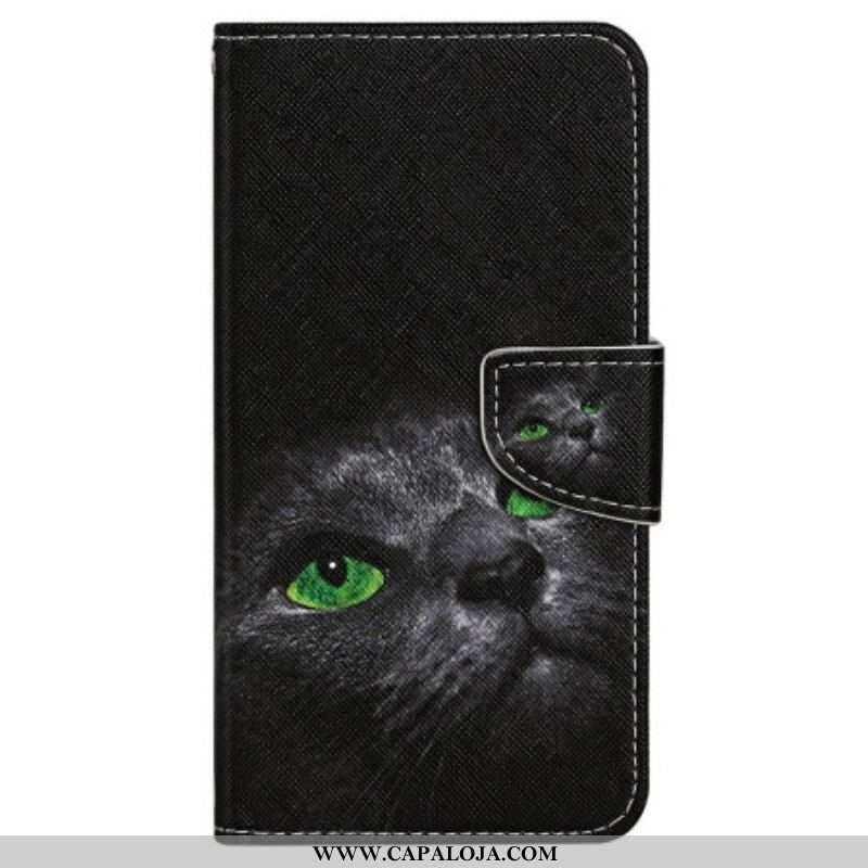 Capa Flip Para iPhone 15 De Cordão Gato De Olhos Verdes Com Alça