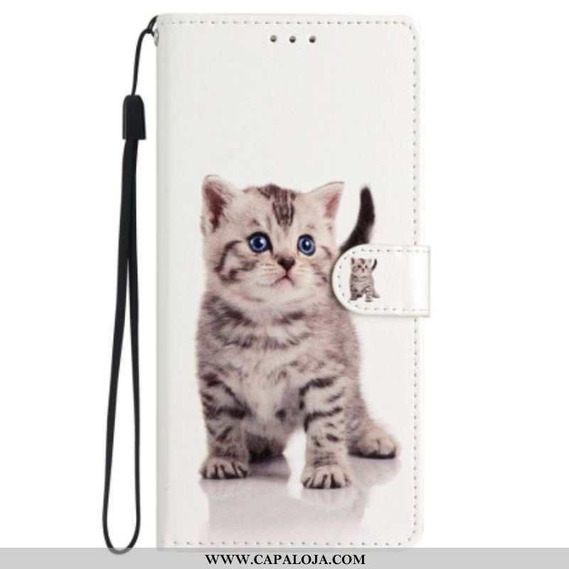 Capa Flip Para iPhone 15 De Cordão Gato Fofo Com Alça