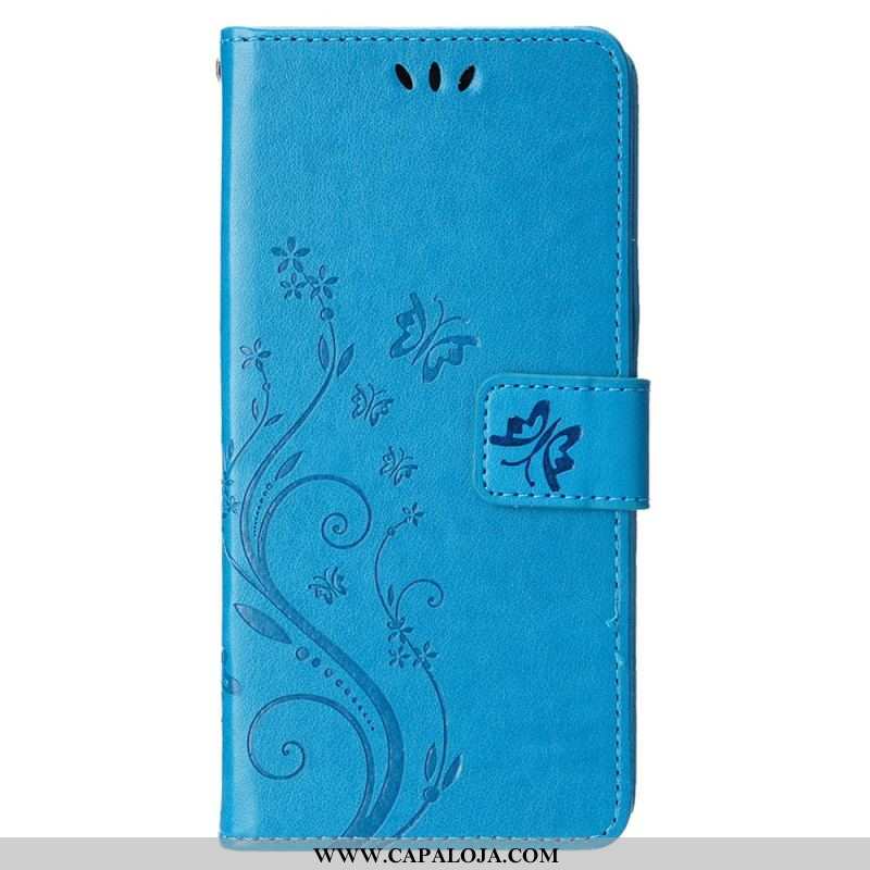 Capa Flip Para iPhone 15 Flores Com Cordão