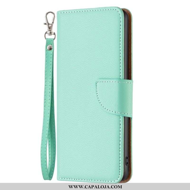 Capa Flip Para iPhone 15 Plus De Cordão Couro Sintético Lichia Com Alça