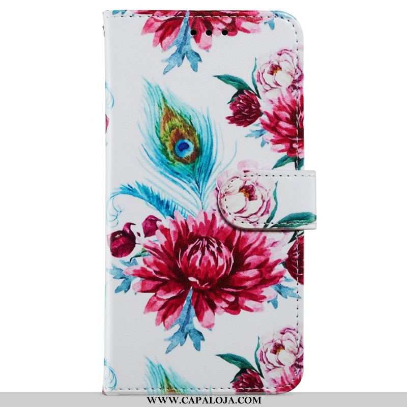 Capa Flip Para iPhone 15 Plus De Cordão Flores Com Alça