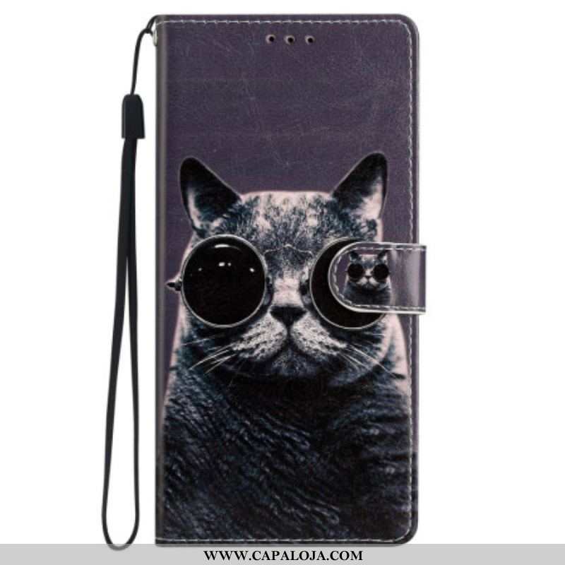 Capa Flip Para iPhone 15 Plus De Cordão Gato Com Óculos De Alça