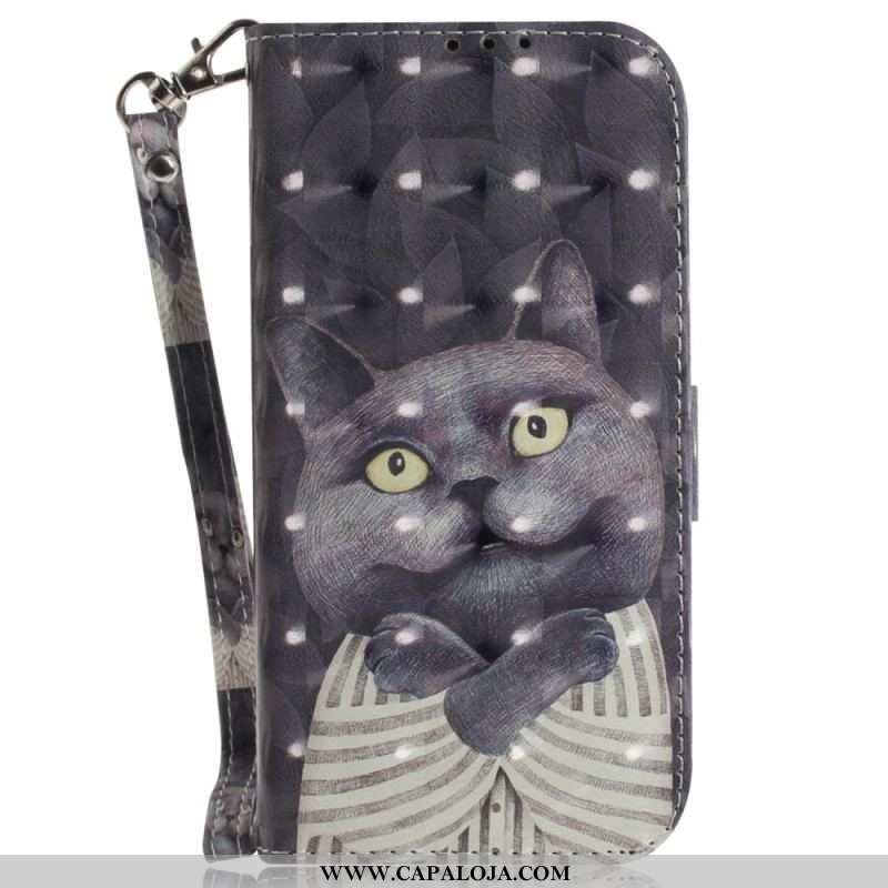 Capa Flip Para iPhone 15 Plus De Cordão Gato Gráfico Com Cordão