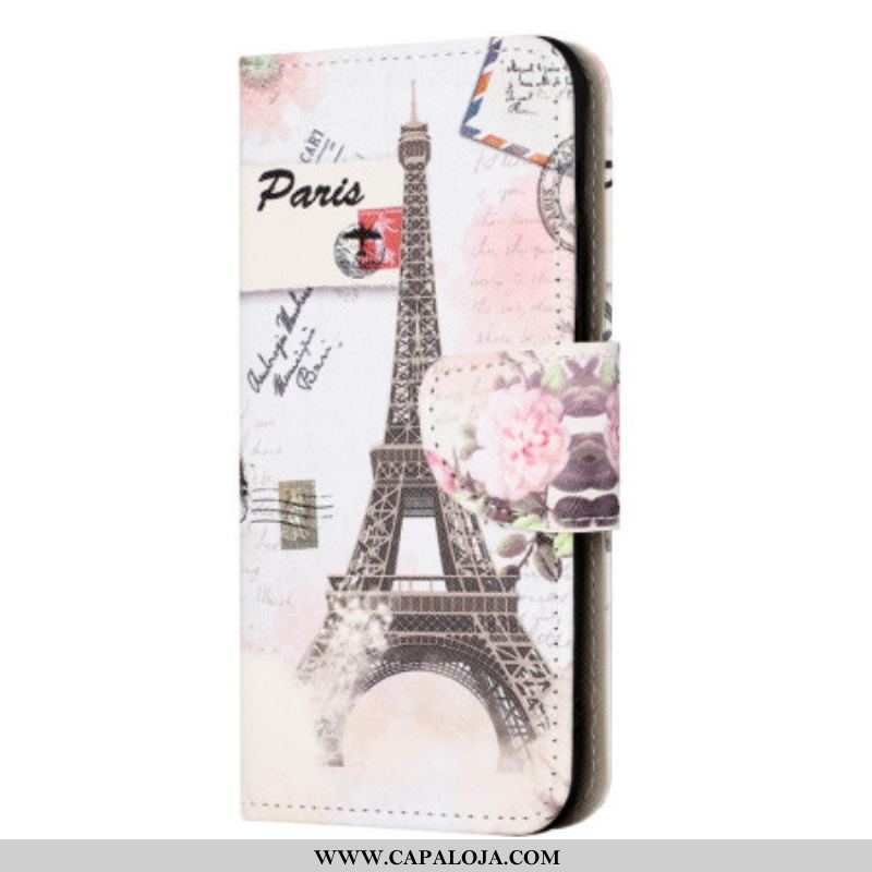 Capa Flip Para iPhone 15 Plus Torre Eiffel Vintage