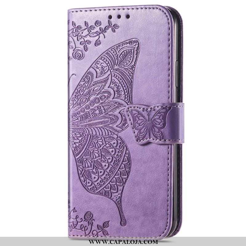 Capa Flip Para iPhone 15 Pro Borboleta Barroca