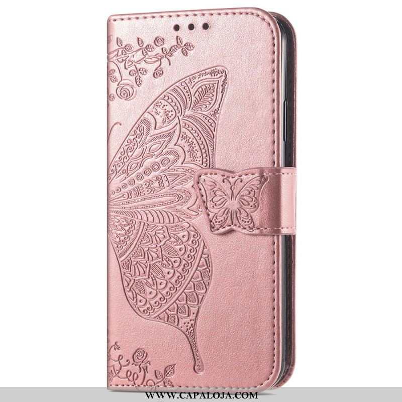 Capa Flip Para iPhone 15 Pro Max De Cordão Borboleta Barroca Com Alça