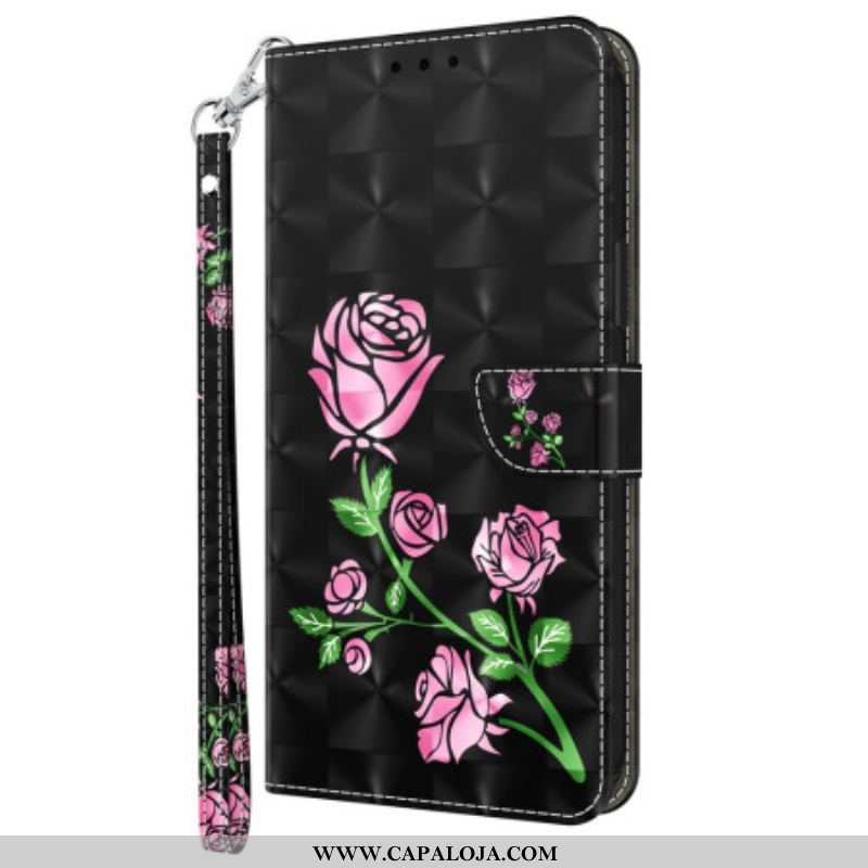 Capa Flip Para iPhone 15 Pro Max De Cordão Correia Rosas