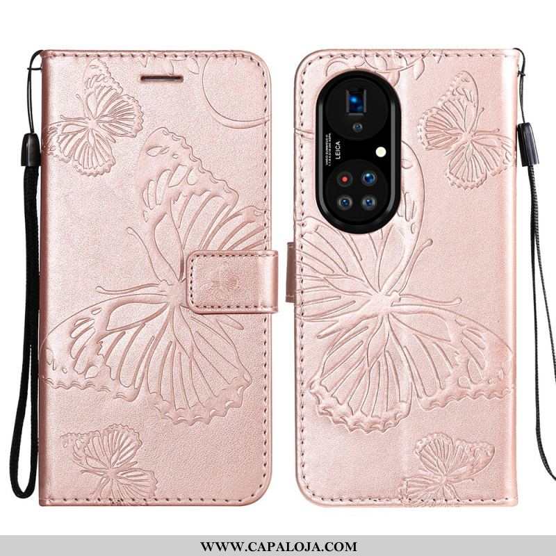 Capa Folio Para Huawei P50 Pro De Cordão Borboletas Gigantes