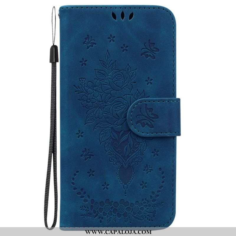 Capa Folio Para Moto G73 5G De Cordão Strappy Rosas E Borboletas