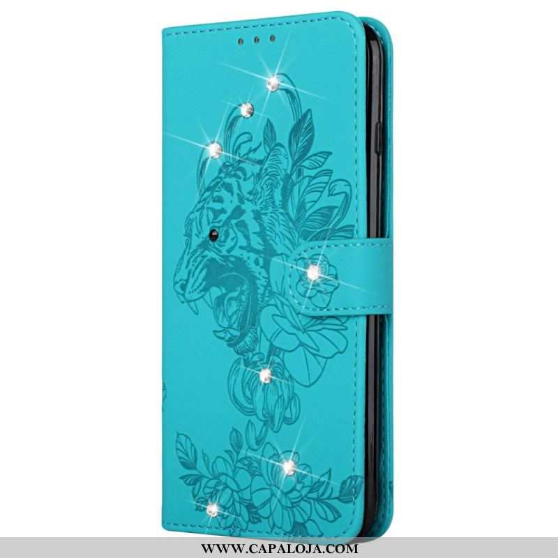 Capa Folio Para Samsung Galaxy A13 5G / A04s Tigre Barroco E Diamantes