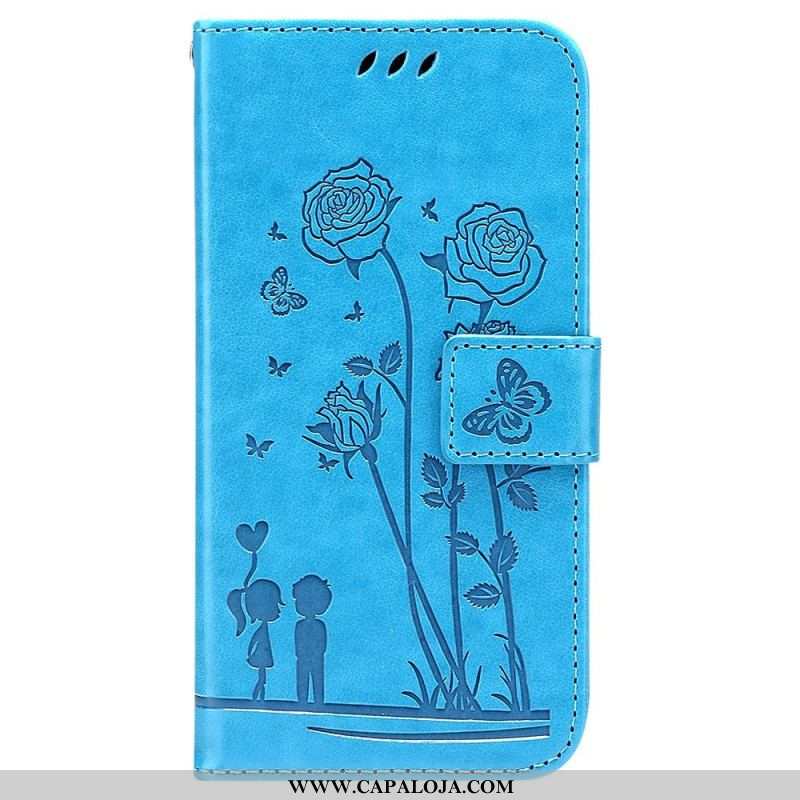 Capa Folio Para Samsung Galaxy A13 De Cordão Rosas Românticas Com Alça