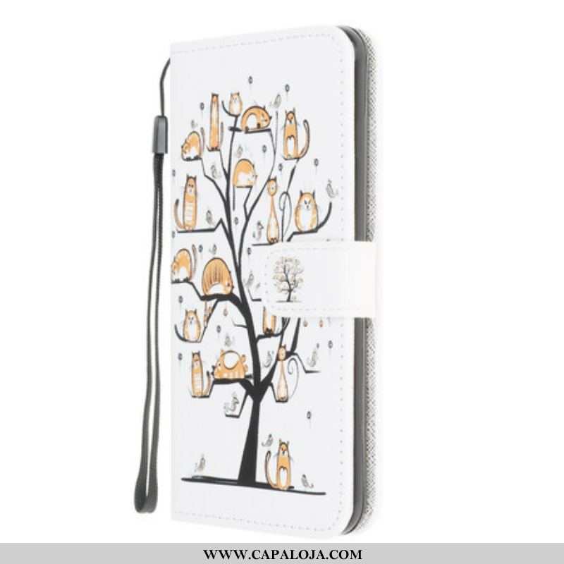 Capa Folio Para Samsung Galaxy A42 5G De Cordão Gatos Divertidos Com Alça