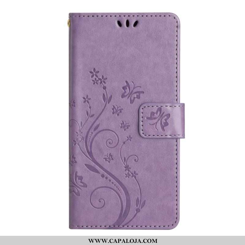 Capa Folio Para Samsung Galaxy A54 5G De Cordão Flores E Borboletas Com Alça