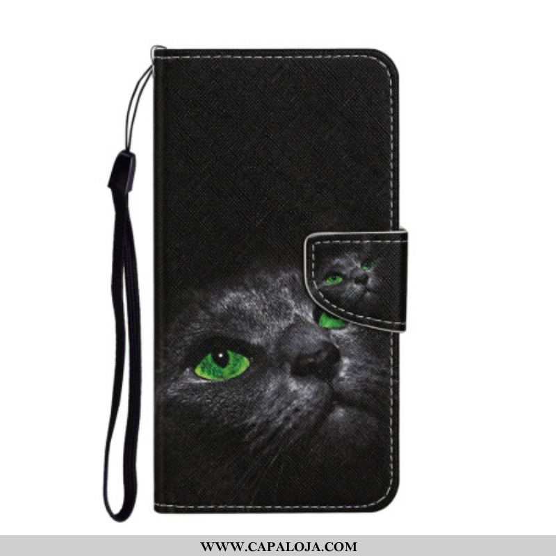 Capa Folio Para Samsung Galaxy A54 5G De Cordão Gato De Olhos Verdes Na Alça