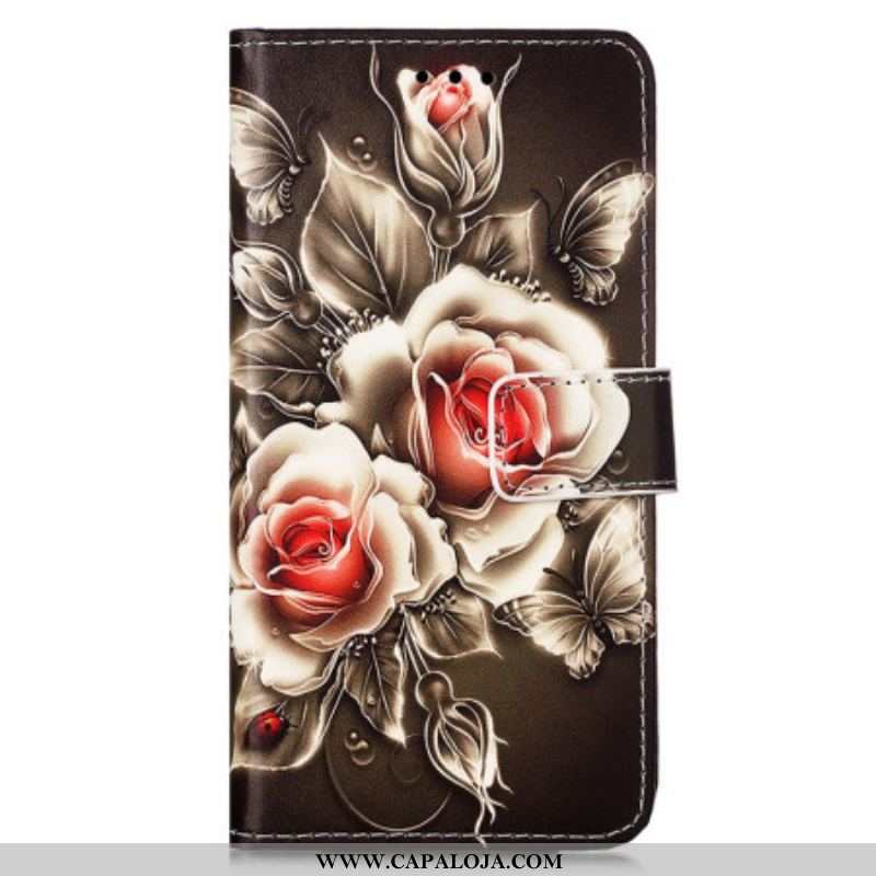 Capa Folio Para Samsung Galaxy A54 5G De Cordão Rosas De Alça