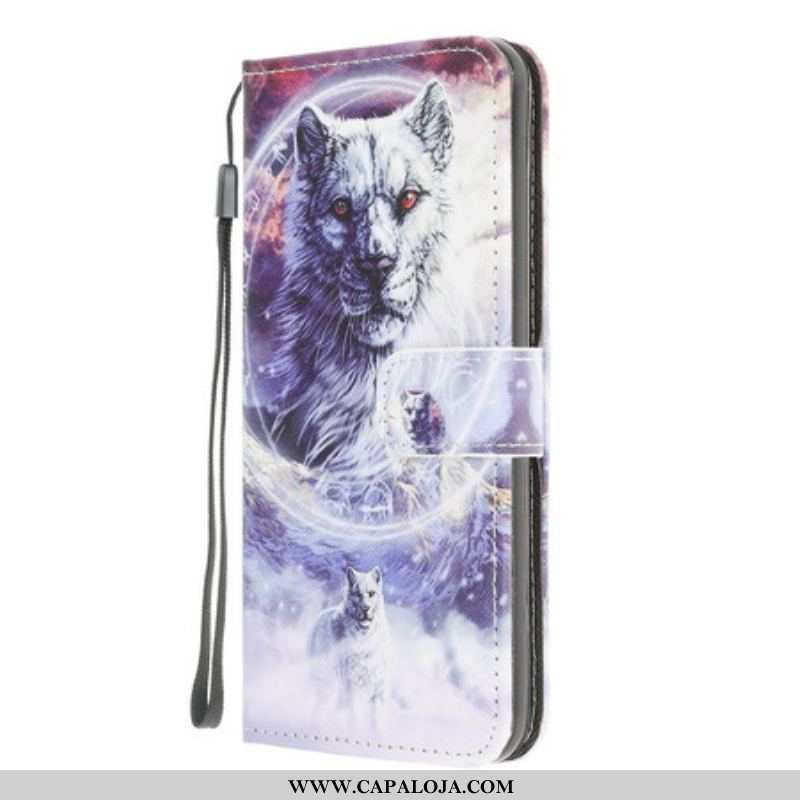 Capa Folio Para Samsung Galaxy M12 / A12 Lobo No Inverno Com Cordão