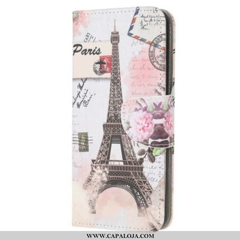 Capa Folio Para Samsung Galaxy M12 / A12 Torre Eiffel Retrô