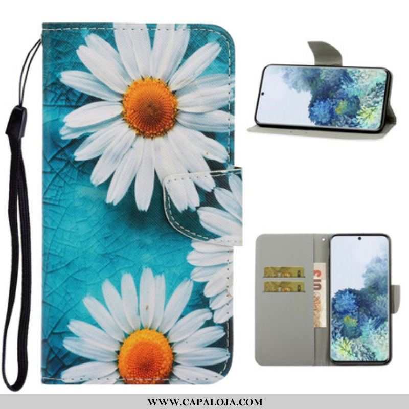 Capa Folio Para Samsung Galaxy S21 5G De Cordão Fio Dental Margaridas