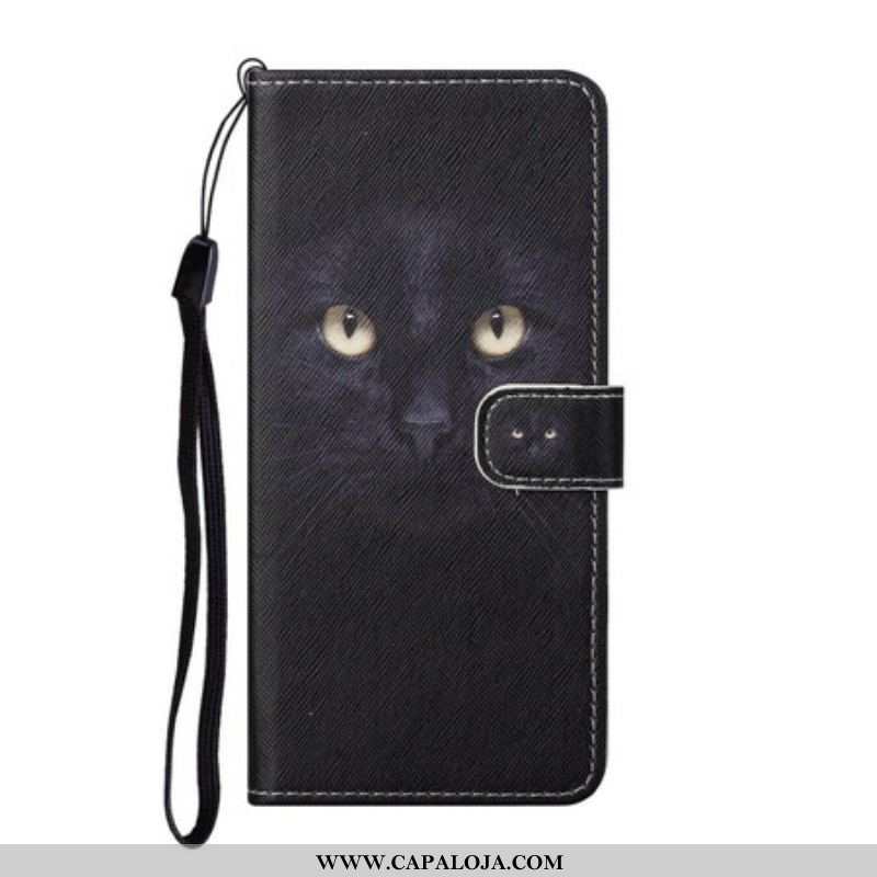 Capa Folio Para Samsung Galaxy S21 5G De Cordão Olhos De Gato Preto Com Tiras