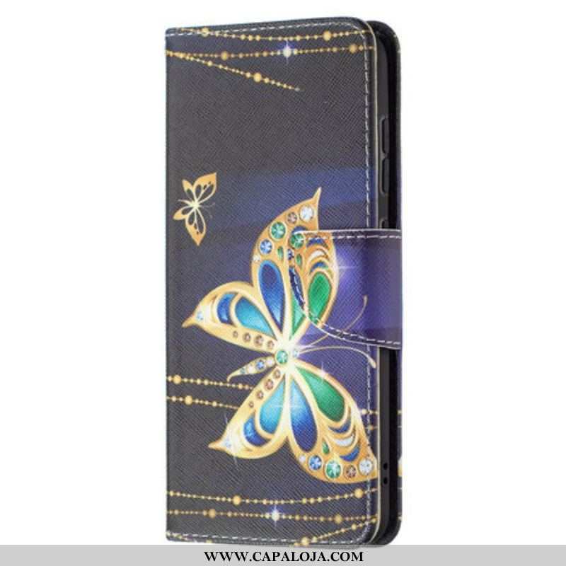 Capa Folio Para Samsung Galaxy S21 FE Borboleta Dourada