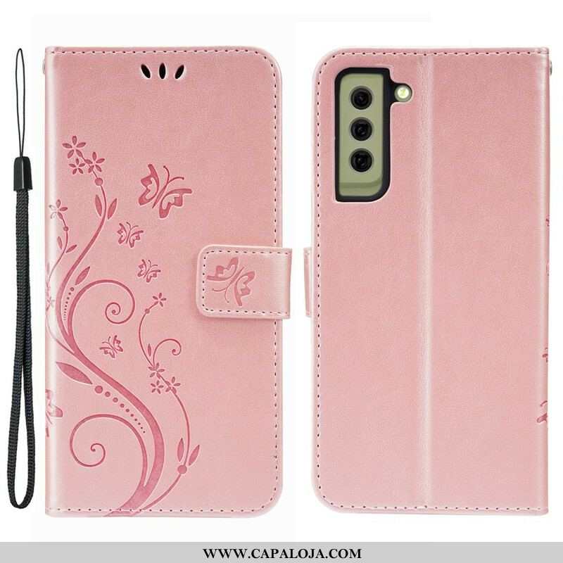 Capa Folio Para Samsung Galaxy S21 FE Borboletas Ao Vento