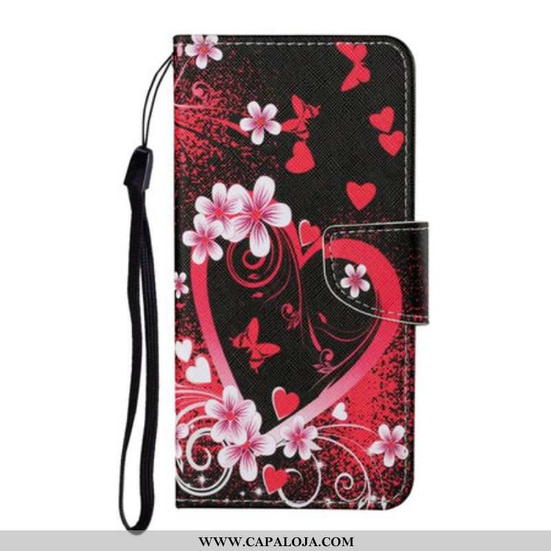 Capa Folio Para Samsung Galaxy S21 FE Flores E Corações Com Cordão