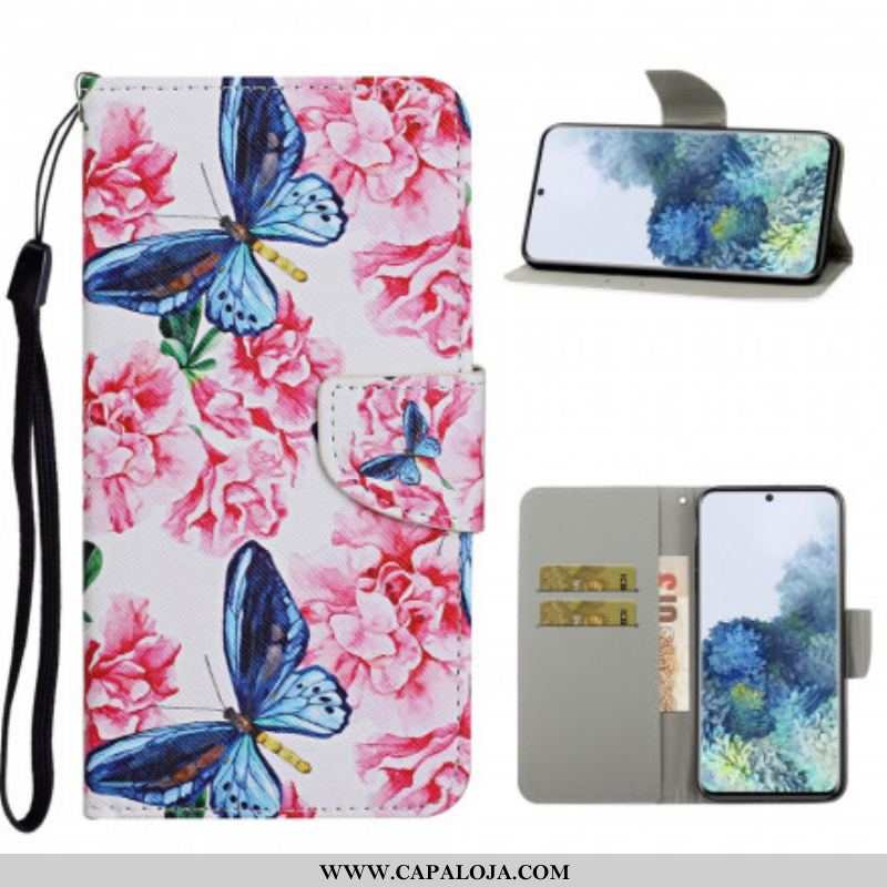 Capa Folio Para Samsung Galaxy S21 Ultra 5G Cordão Floral Borboletas