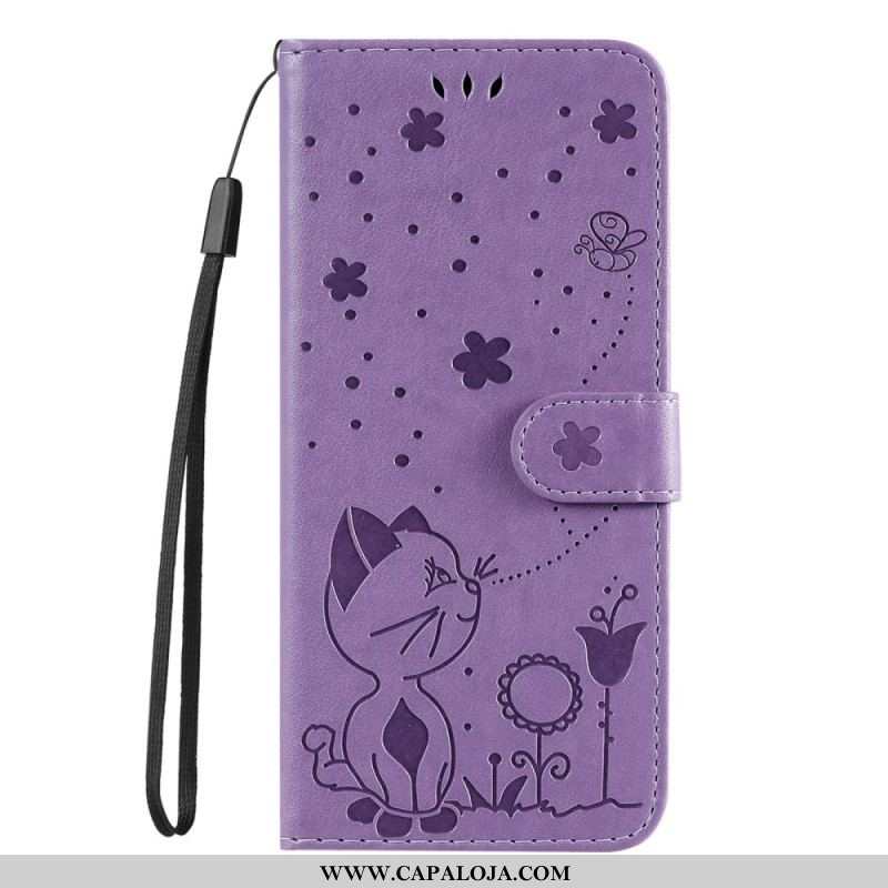 Capa Folio Para Samsung Galaxy S22 Ultra 5G De Cordão Gato E Abelha Com Cordão