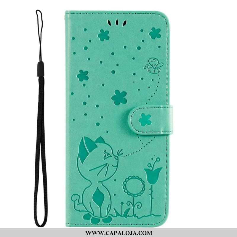 Capa Folio Para Samsung Galaxy S23 5G De Cordão Strappy Gato E Abelhas