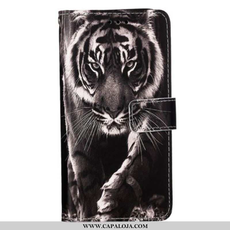 Capa Folio Para Samsung Galaxy S23 Ultra 5G De Cordão Strappy Night Tiger