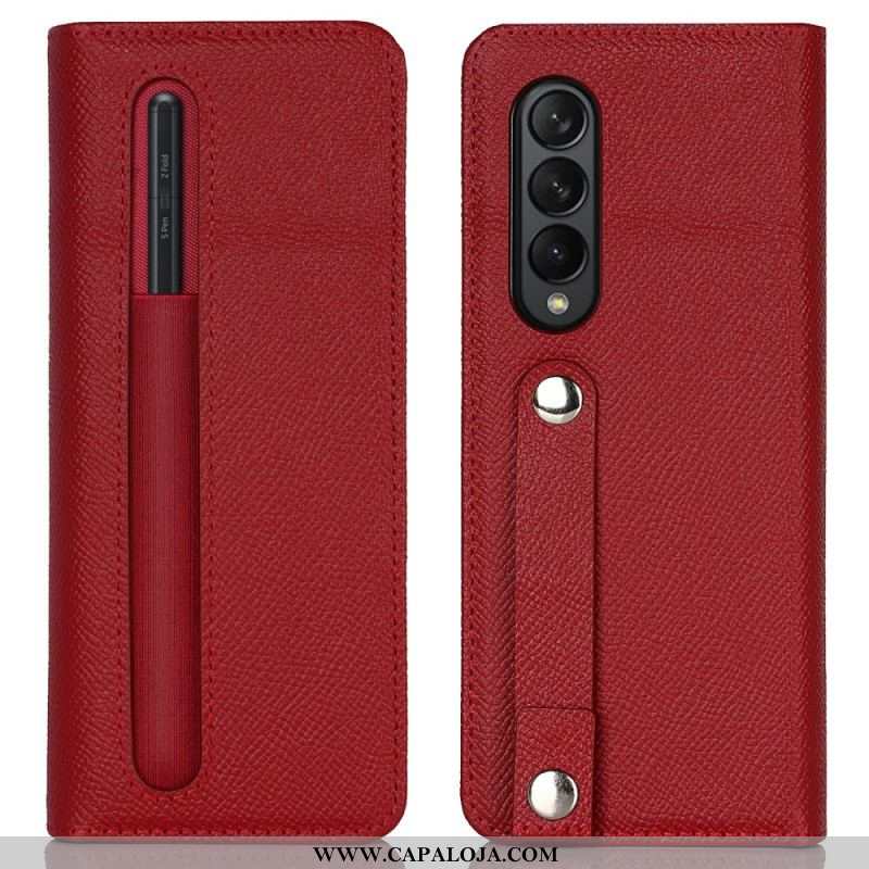 Capa Folio Para Samsung Galaxy Z Fold 3 5G Porta Caneta E Alça De Couro Genuíno