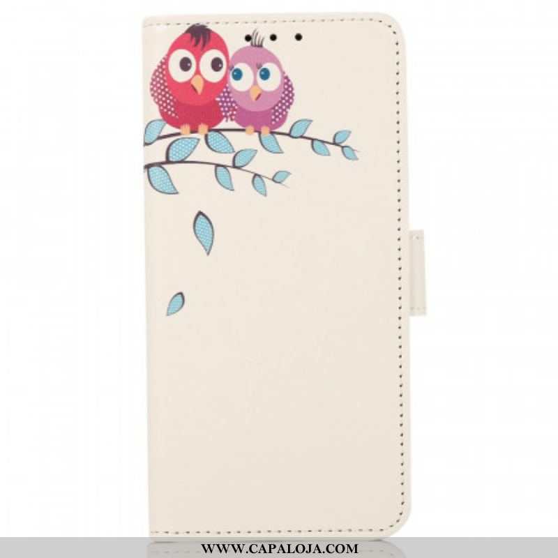 Capa Folio Para Sony Xperia Pro-I Casal De Corujas Na Árvore