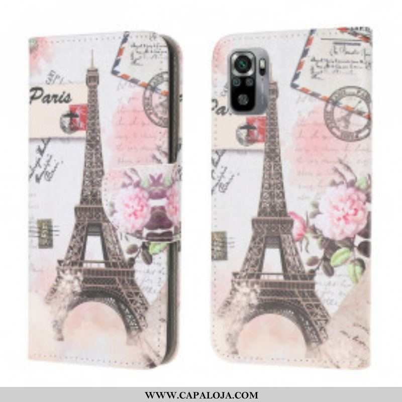 Capa Folio Para Xiaomi Redmi Note 10 / 10S Torre Eiffel Retrô