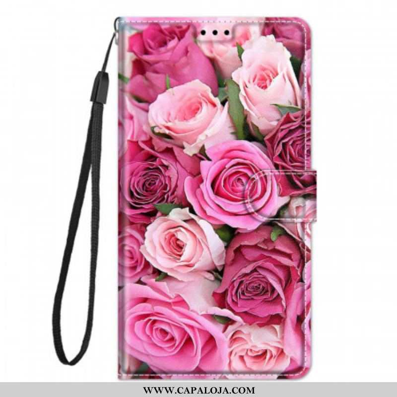 Capa Folio Para Xiaomi Redmi Note 10 Pro De Cordão Rosas De Alça