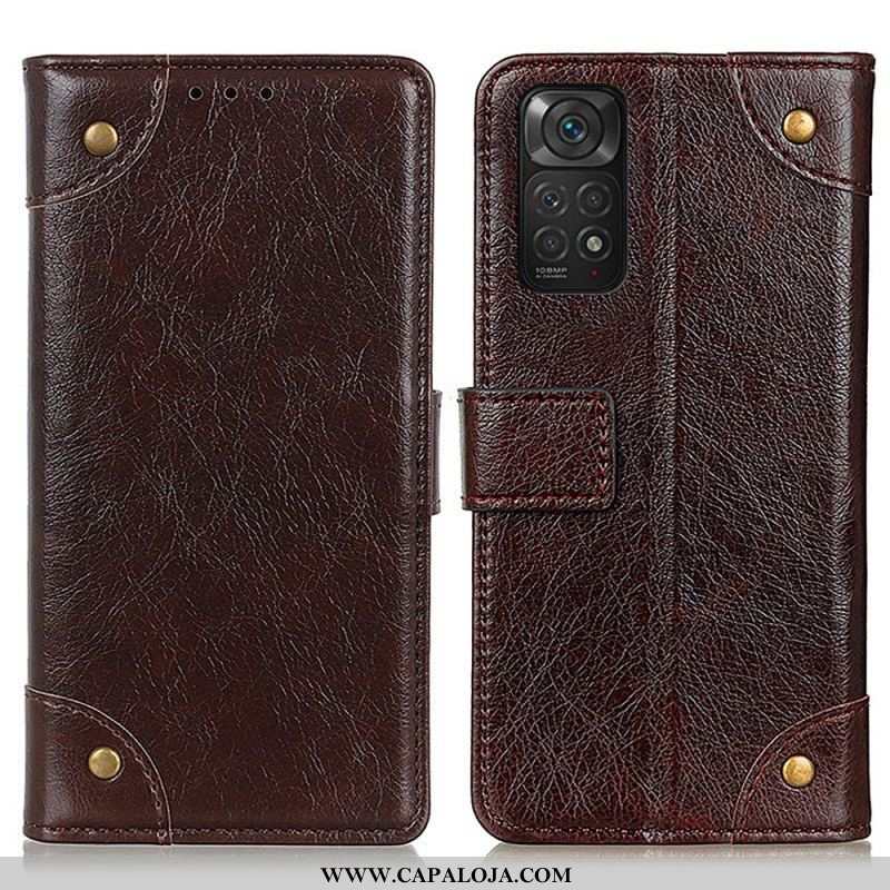 Capa Folio Para Xiaomi Redmi Note 11 / 11S Rebites Vintage Estilo Couro Napa