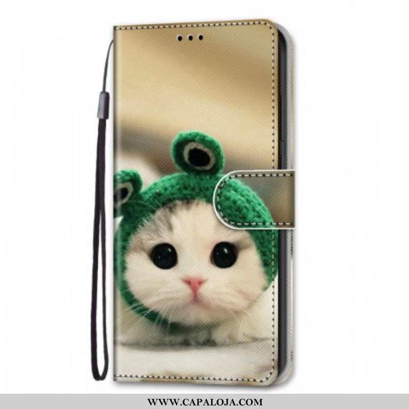 Capa Folio Para Xiaomi Redmi Note 11 Pro Plus 5G De Cordão Gatinho Divertido Com Alça