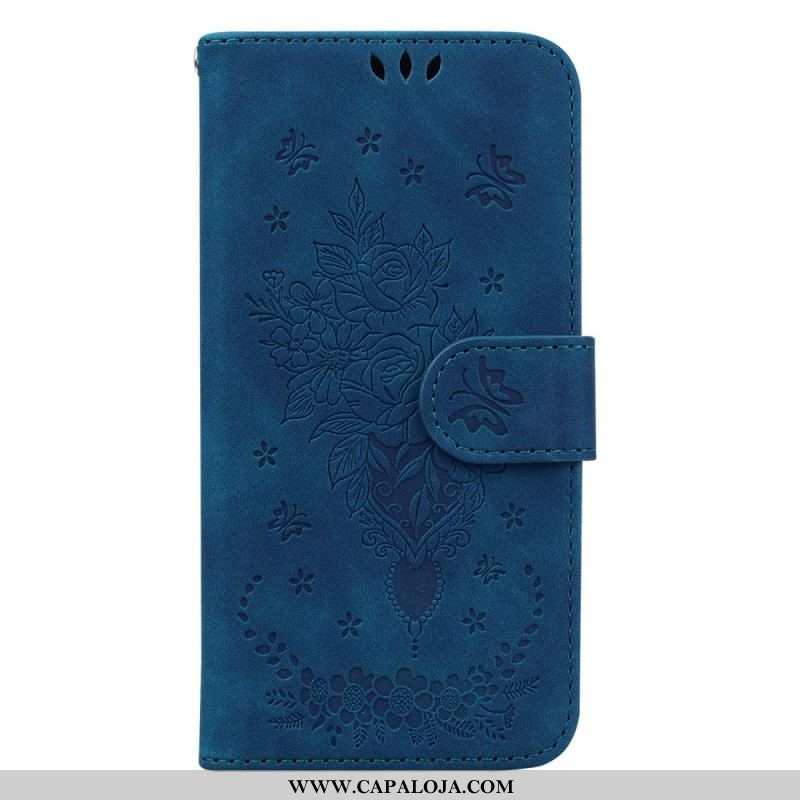 Capa Folio Para Xiaomi Redmi Note 12 4G De Cordão Strappy Rosas E Borboletas