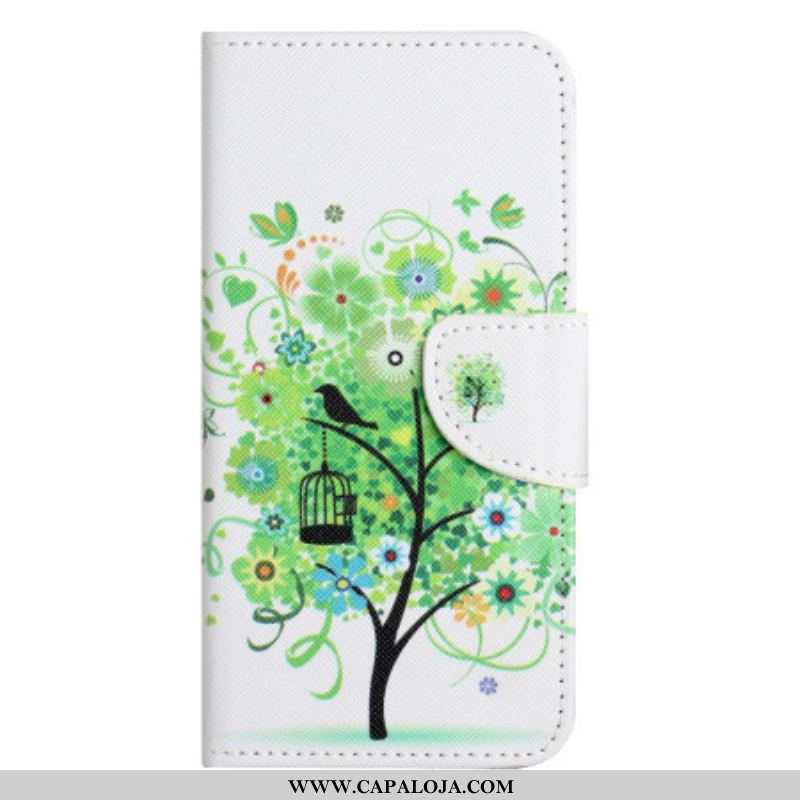 Capa Folio Para Xiaomi Redmi Note 12 5G De Cordão Árvore De Folhagem Verde