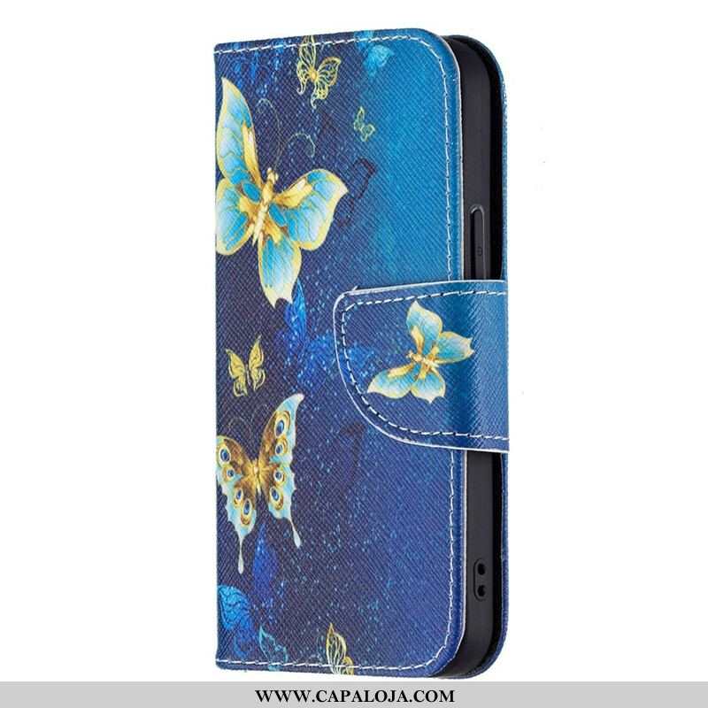 Capa Folio Para iPhone 13 Mini Borboletas Reis